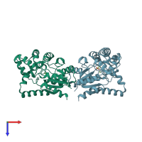 PDB entry 1rql coloured by chain, top view.