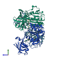 PDB entry 1rqp coloured by chain, side view.