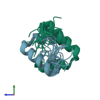 PDB entry 1rqt coloured by chain, ensemble of 20 models, side view.