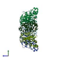 PDB entry 1rr9 coloured by chain, side view.