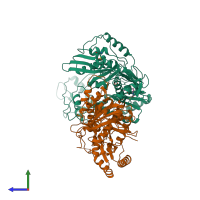 PDB entry 1rt7 coloured by chain, side view.