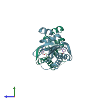 PDB entry 1ru1 coloured by chain, side view.