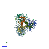 PDB entry 1rv0 coloured by chain, side view.