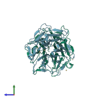 PDB entry 1rwi coloured by chain, side view.