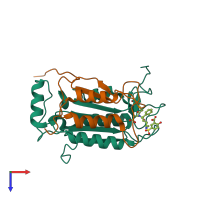 PDB entry 1rwv coloured by chain, top view.