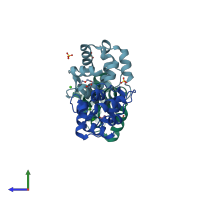 PDB entry 1rwy coloured by chain, side view.