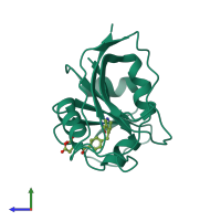 PDB entry 1rx5 coloured by chain, side view.