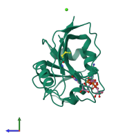 PDB entry 1rx9 coloured by chain, side view.