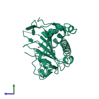 PDB entry 1rxf coloured by chain, side view.