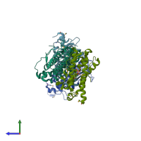 PDB entry 1rxq coloured by chain, side view.