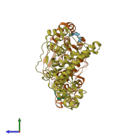 PDB entry 1rxv coloured by chain, side view.