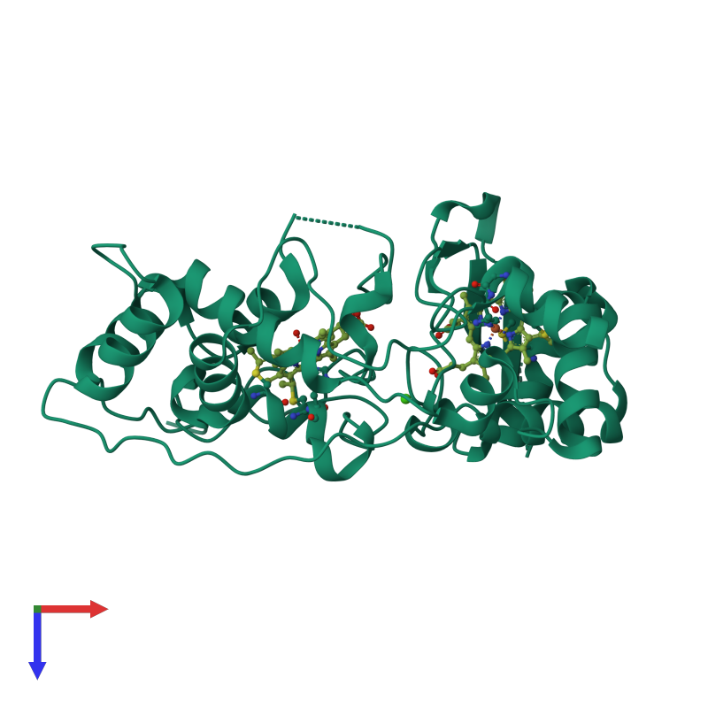<div class='caption-body'><ul class ='image_legend_ul'>The deposited structure of PDB entry 1rz5 coloured by chemically distinct molecules and viewed from the top. The entry contains: <li class ='image_legend_li'>1 copy of Cytochrome c peroxidase</li><li class ='image_legend_li'>[]<ul class ='image_legend_ul'><li class ='image_legend_li'>1 copy of CALCIUM ION</li> <li class ='image_legend_li'>2 copies of HEME C</li></ul></li></div>