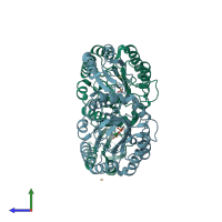 PDB entry 1rzm coloured by chain, side view.
