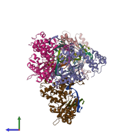 PDB entry 1rzt coloured by chain, side view.