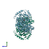PDB entry 1rzu coloured by chain, side view.