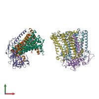 PDB entry 1rzz coloured by chain, front view.