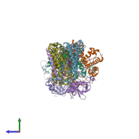 PDB entry 1rzz coloured by chain, side view.