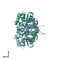 PDB entry 1s9t coloured by chain, side view.