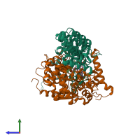 PDB entry 1sa5 coloured by chain, side view.