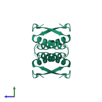 Homo tetrameric assembly 1 of PDB entry 1sae coloured by chemically distinct molecules, side view.