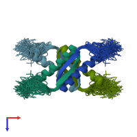 PDB entry 1saf coloured by chain, ensemble of 76 models, top view.