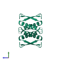 Homo tetrameric assembly 1 of PDB entry 1sak coloured by chemically distinct molecules, side view.