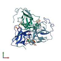 PDB entry 1sjn coloured by chain, front view.