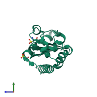 PDB entry 1smb coloured by chain, side view.