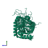 PDB entry 1sou coloured by chain, ensemble of 20 models, side view.