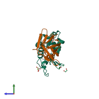 PDB entry 1sq2 coloured by chain, side view.