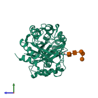 PDB entry 1sr0 coloured by chain, side view.