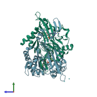 PDB entry 1st4 coloured by chain, side view.