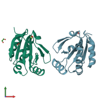 PDB entry 1st9 coloured by chain, front view.