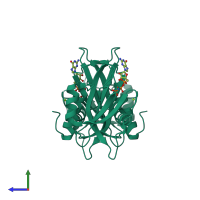 Homo dimeric assembly 1 of PDB entry 1sz3 coloured by chemically distinct molecules, side view.