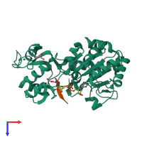 Hetero dimeric assembly 1 of PDB entry 1szd coloured by chemically distinct molecules, top view.
