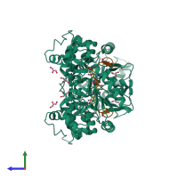 Hetero tetrameric assembly 2 of PDB entry 1szd coloured by chemically distinct molecules, side view.