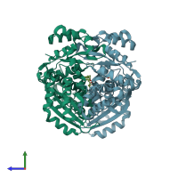PDB entry 1t02 coloured by chain, side view.
