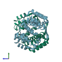 PDB entry 1t06 coloured by chain, side view.
