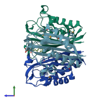 PDB entry 1t0a coloured by chain, side view.