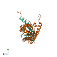 PDB entry 1t0h coloured by chain, side view.