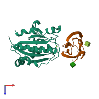 PDB entry 1t0p coloured by chain, top view.