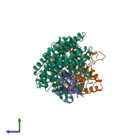 PDB entry 1t0r coloured by chain, side view.