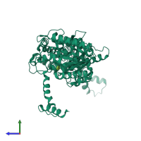 PDB entry 1t10 coloured by chain, side view.