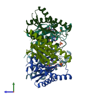 PDB entry 1t13 coloured by chain, side view.