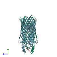 PDB entry 1t16 coloured by chain, side view.
