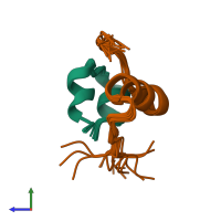 PDB entry 1t1k coloured by chain, ensemble of 15 models, side view.