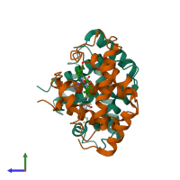 PDB entry 1t1n coloured by chain, side view.