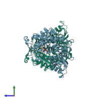 PDB entry 1t1s coloured by chain, side view.