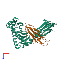 Hetero trimeric assembly 1 of PDB entry 1t22 coloured by chemically distinct molecules, top view.