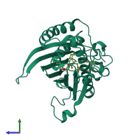 PDB entry 1t27 coloured by chain, side view.